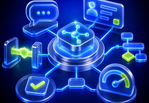 3D illustration of an AI agent coordinating messaging, CRM, workflows and analytics