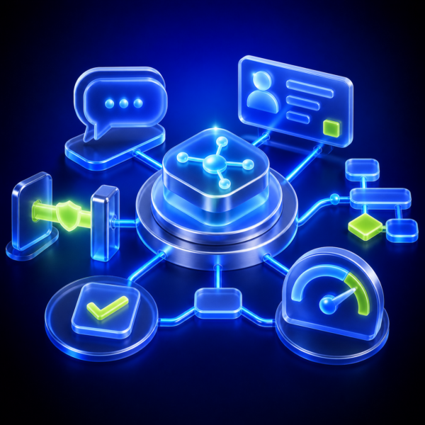3D illustration of an AI agent coordinating messaging, CRM, workflows and analytics