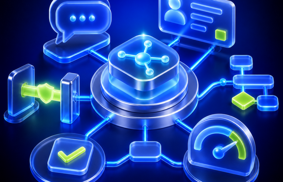 3D illustration of an AI agent coordinating messaging, CRM, workflows and analytics