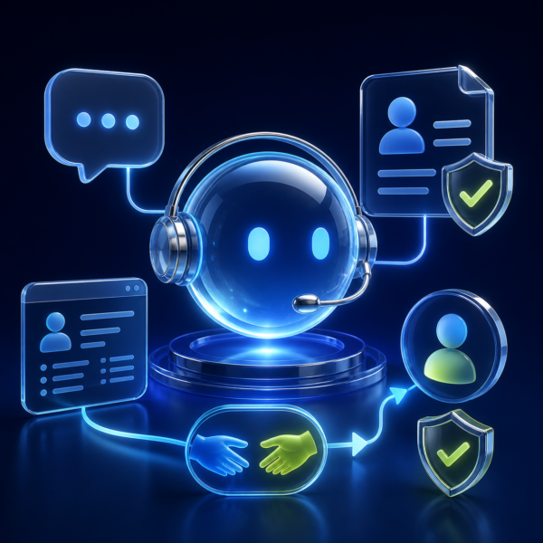 3D AI customer-service agent connected to chat, knowledge, CRM, human handoff and safety controls