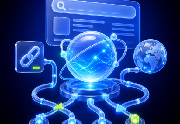 3D illustration of an AI search network connecting citations, queries and global discovery