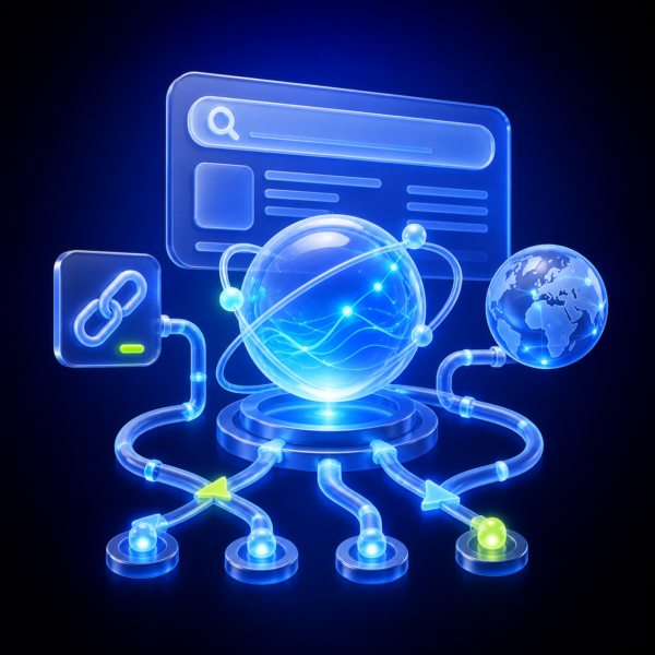 3D illustration of an AI search network connecting citations, queries and global discovery