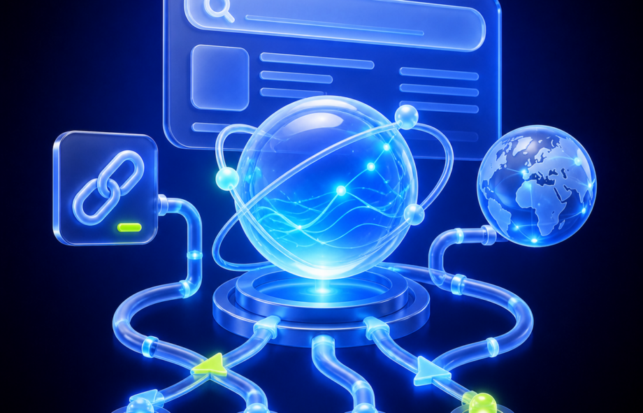3D illustration of an AI search network connecting citations, queries and global discovery