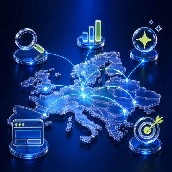 3D glass map of Europe connecting search, analytics, creative and international marketing activity