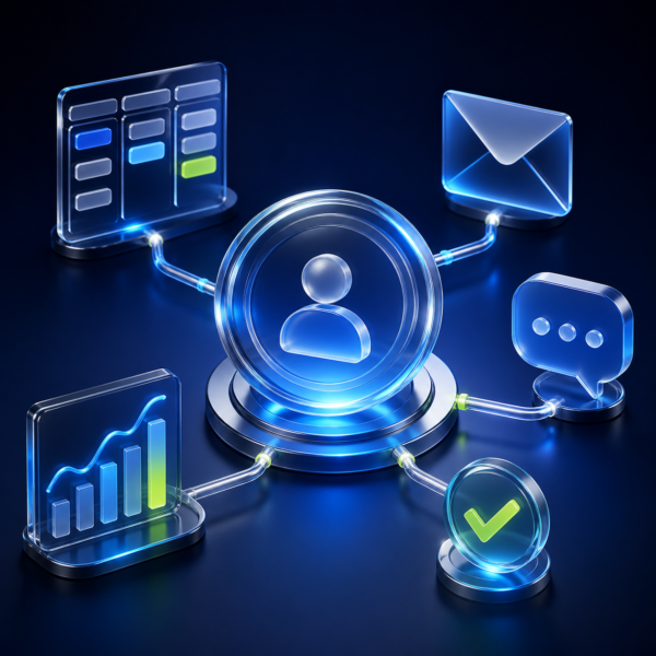 3D CRM hub connecting sales pipelines, email, messaging, analytics and completed tasks