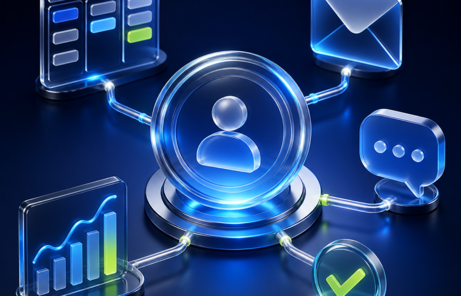 3D CRM hub connecting sales pipelines, email, messaging, analytics and completed tasks