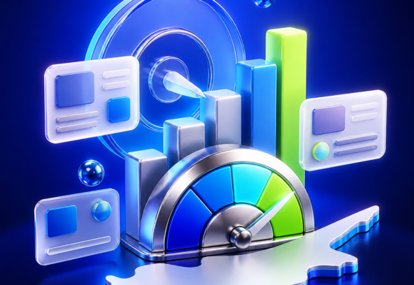 3D paid advertising illustration with campaign cards, performance gauge and Cyprus silhouette