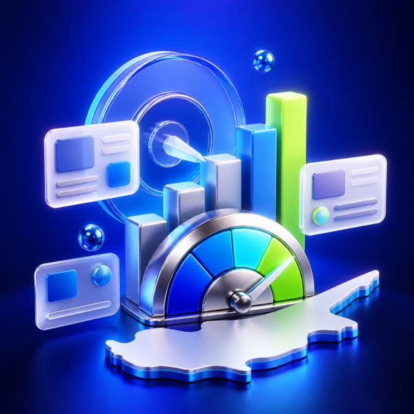 3D paid advertising illustration with campaign cards, performance gauge and Cyprus silhouette