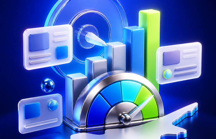 3D paid advertising illustration with campaign cards, performance gauge and Cyprus silhouette