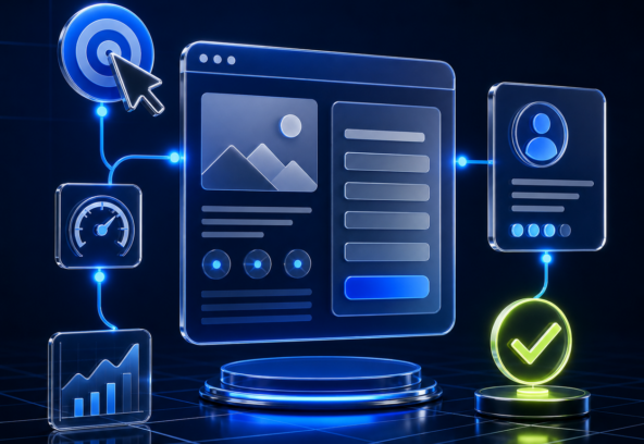 3D Google Ads landing-page journey connecting advertising clicks, conversion forms, analytics and qualified leads
