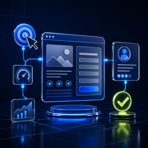 3D Google Ads landing-page journey connecting advertising clicks, conversion forms, analytics and qualified leads
