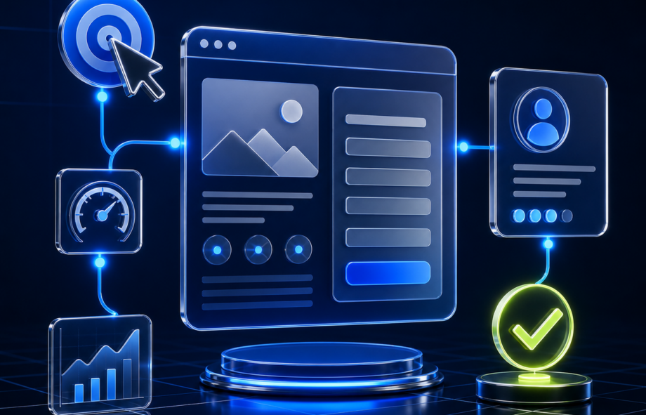 3D Google Ads landing-page journey connecting advertising clicks, conversion forms, analytics and qualified leads