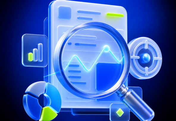 3D SEO audit illustration with a magnifying lens, diagnostics and target