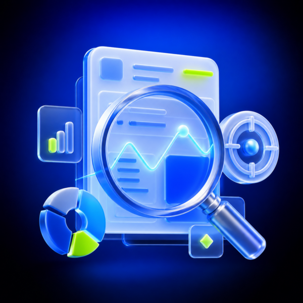 3D SEO audit illustration with a magnifying lens, diagnostics and target
