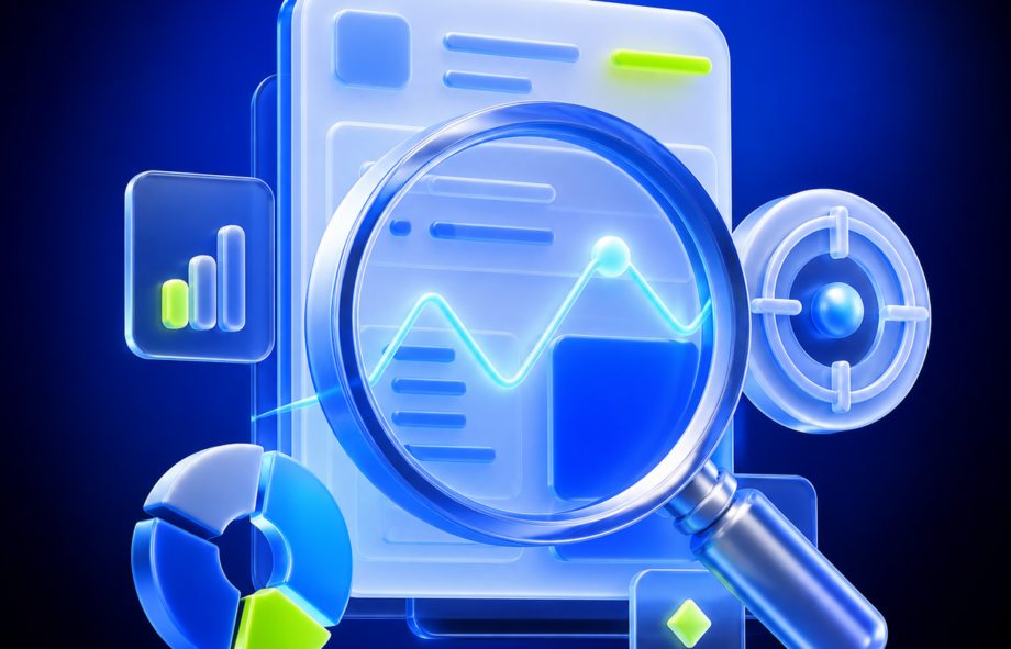 3D SEO audit illustration with a magnifying lens, diagnostics and target