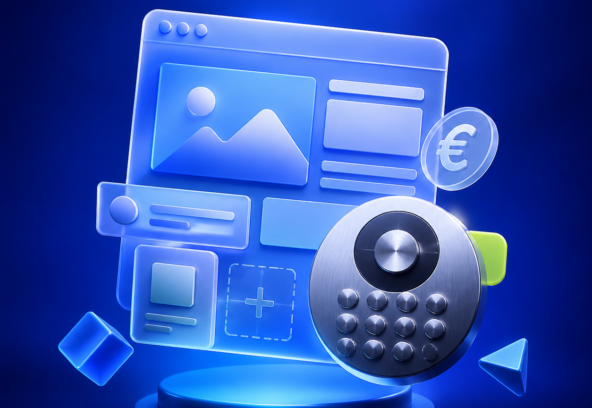 3D illustration of modular website components and a budgeting dial