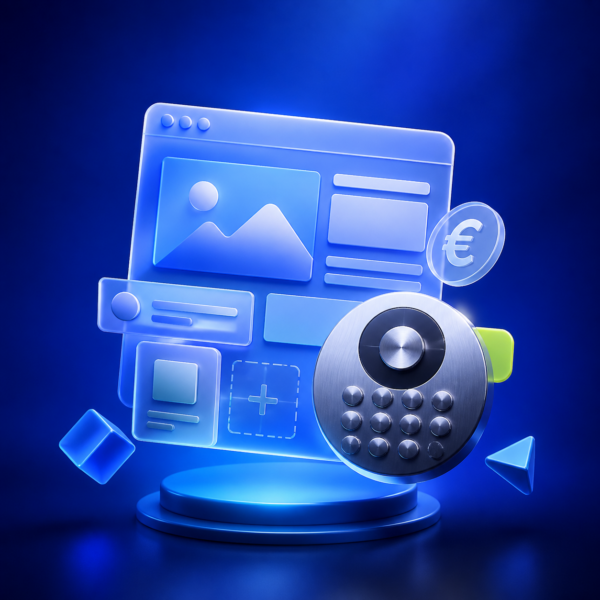 3D illustration of modular website components and a budgeting dial