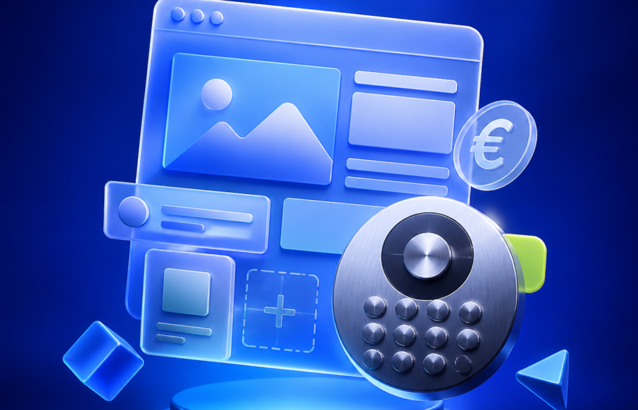 3D illustration of modular website components and a budgeting dial