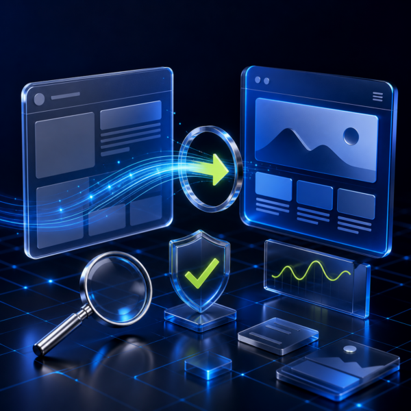 3D website redesign migration connecting old and new pages through SEO checks, redirects and performance controls