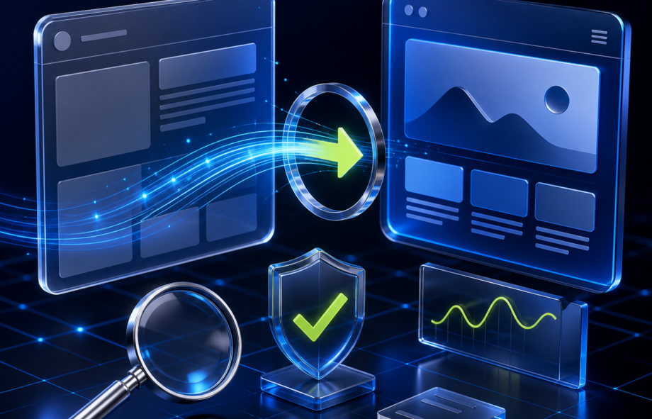 3D website redesign migration connecting old and new pages through SEO checks, redirects and performance controls