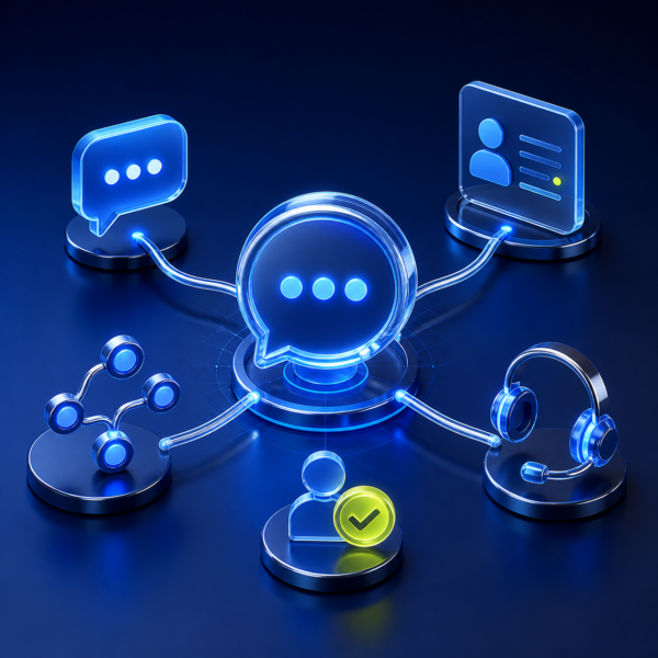3D messaging hub connecting customer conversations, CRM, routing, sales and human support