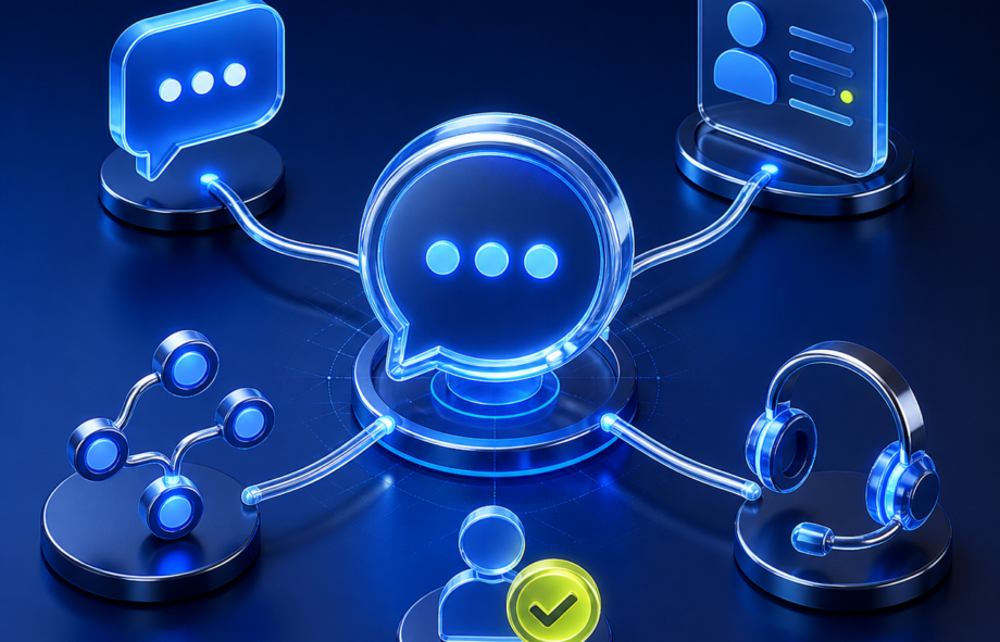 3D messaging hub connecting customer conversations, CRM, routing, sales and human support