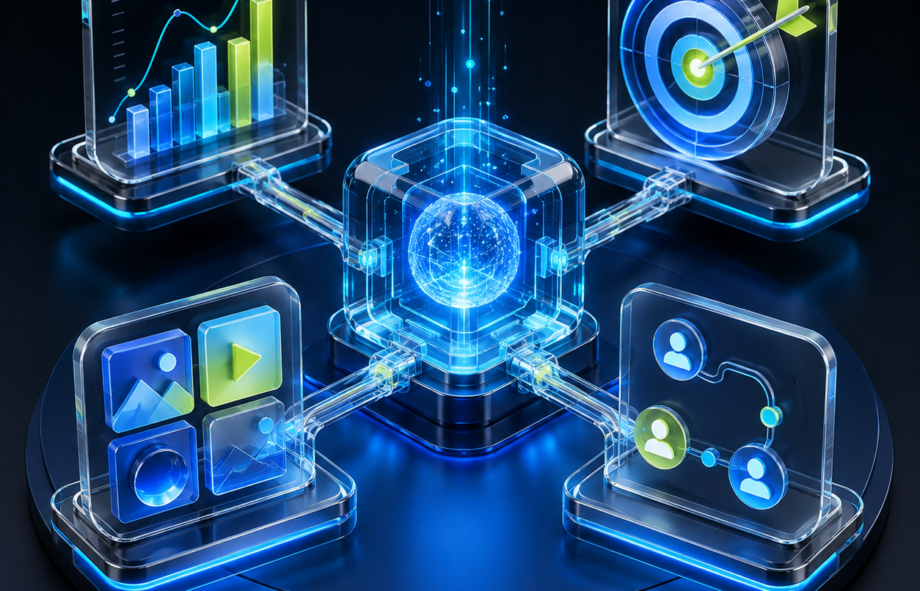 3D AI marketing system connecting analytics, paid media, creative content and CRM customer journeys