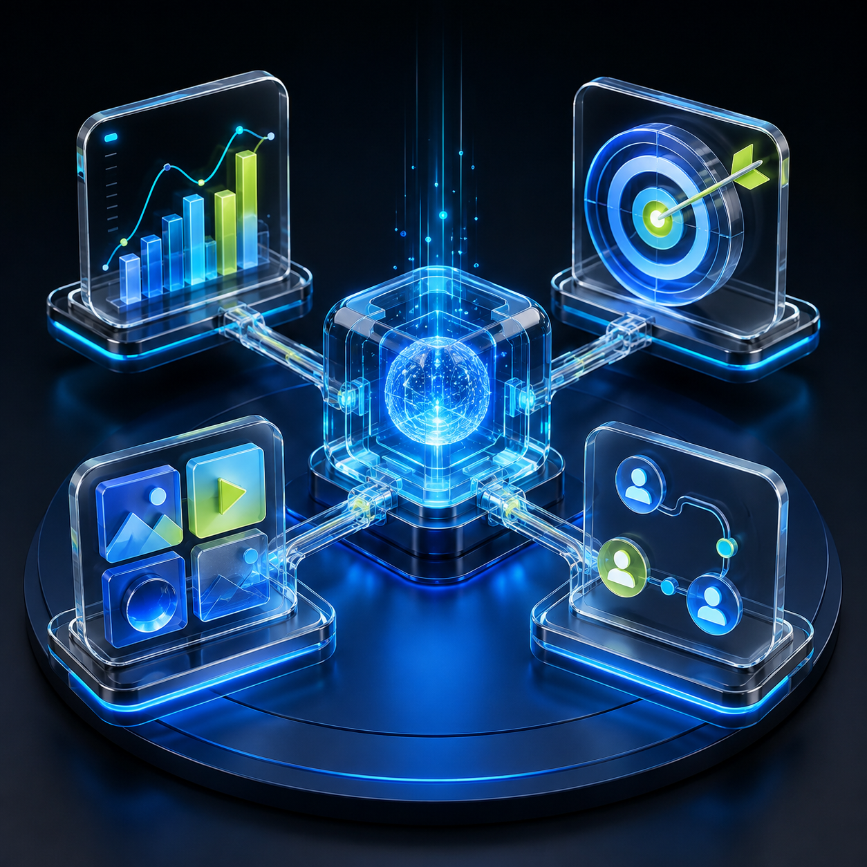 3D AI marketing system connecting analytics, paid media, creative content and CRM customer journeys
