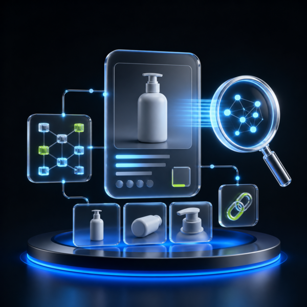 3D ecommerce product card connected to AI search, structured data, product images and source links