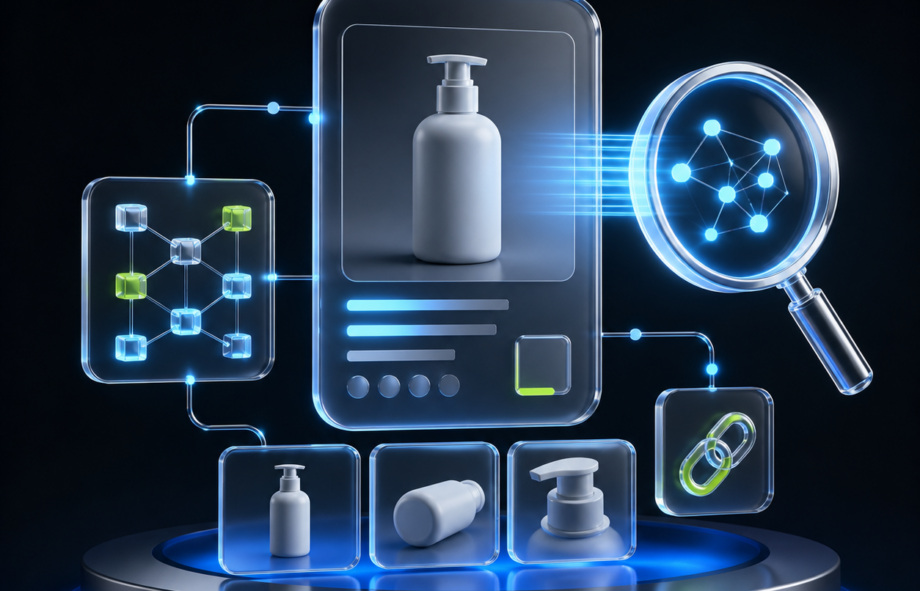 3D ecommerce product card connected to AI search, structured data, product images and source links