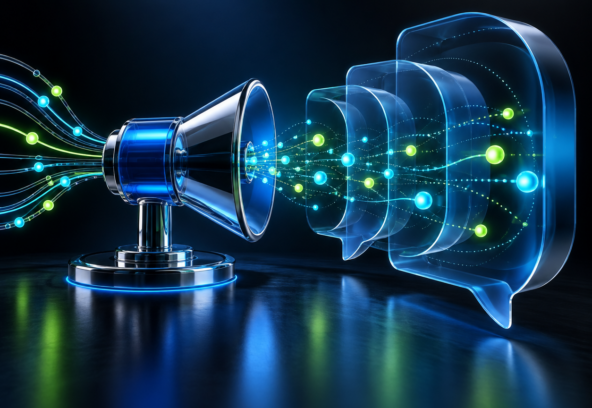 Abstract 3D paid-media signals flowing from a campaign node into a glass conversational interface