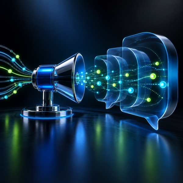 Abstract 3D paid-media signals flowing from a campaign node into a glass conversational interface