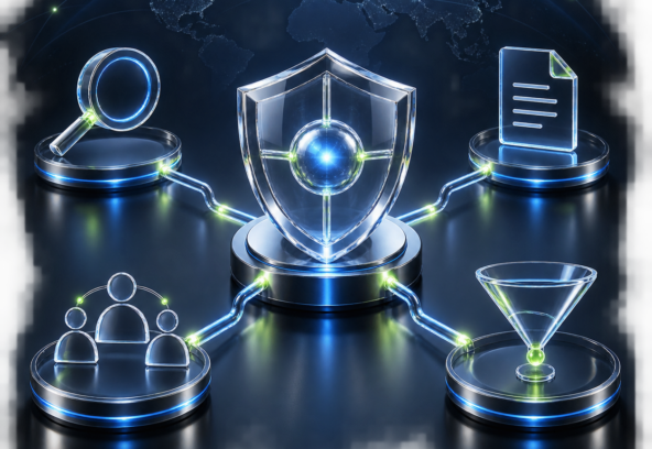 Abstract proof-first B2B fintech marketing system connecting search, evidence, buying committee and qualified pipeline