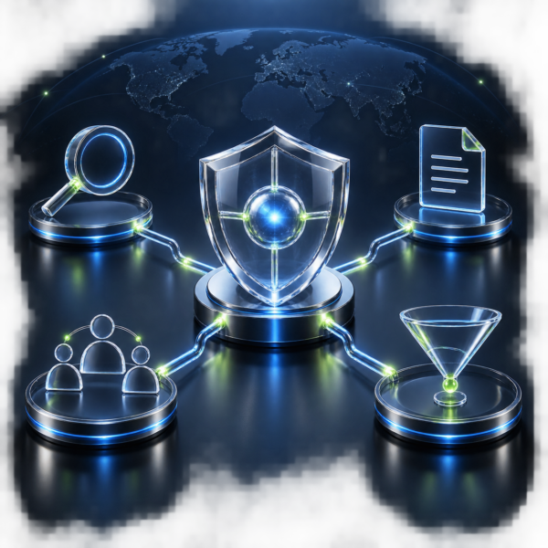 Abstract proof-first B2B fintech marketing system connecting search, evidence, buying committee and qualified pipeline