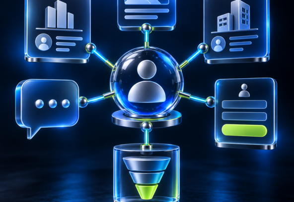 3D B2B professional network hub connected to content, company profiles, lead capture and sales funnel