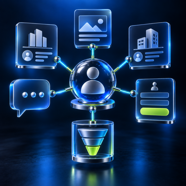 3D B2B professional network hub connected to content, company profiles, lead capture and sales funnel