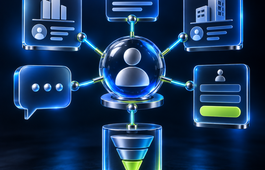 3D B2B professional network hub connected to content, company profiles, lead capture and sales funnel