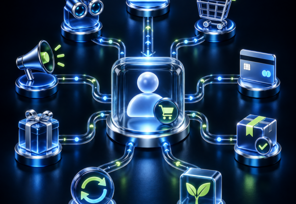 3D ecommerce customer hub connected to email lifecycle stages from browsing to repeat purchase