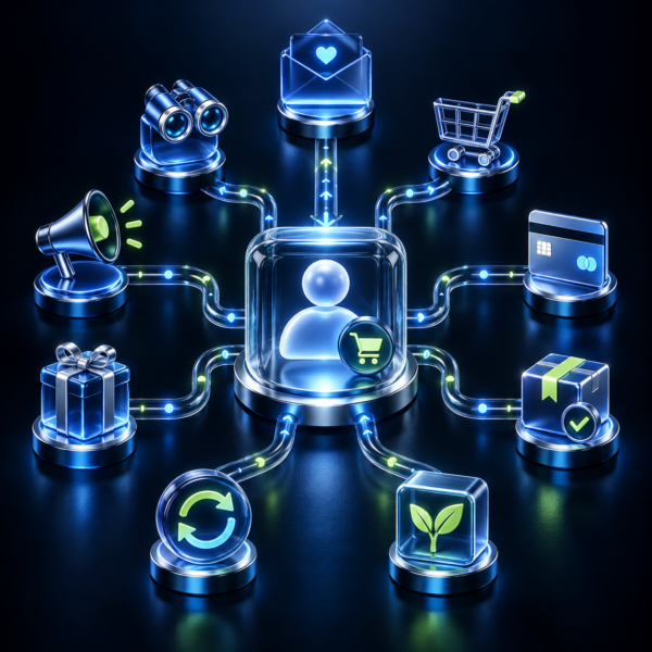 3D ecommerce customer hub connected to email lifecycle stages from browsing to repeat purchase