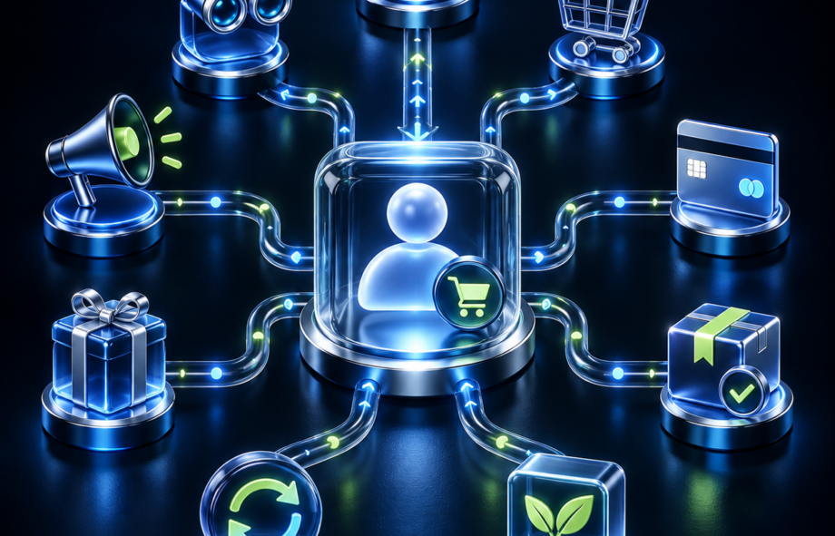 3D ecommerce customer hub connected to email lifecycle stages from browsing to repeat purchase