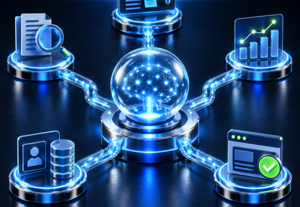 3D AI core connecting research, campaign planning, analytics, CRM and website quality assurance workflows