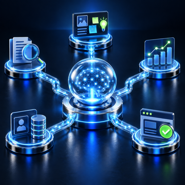 3D AI core connecting research, campaign planning, analytics, CRM and website quality assurance workflows