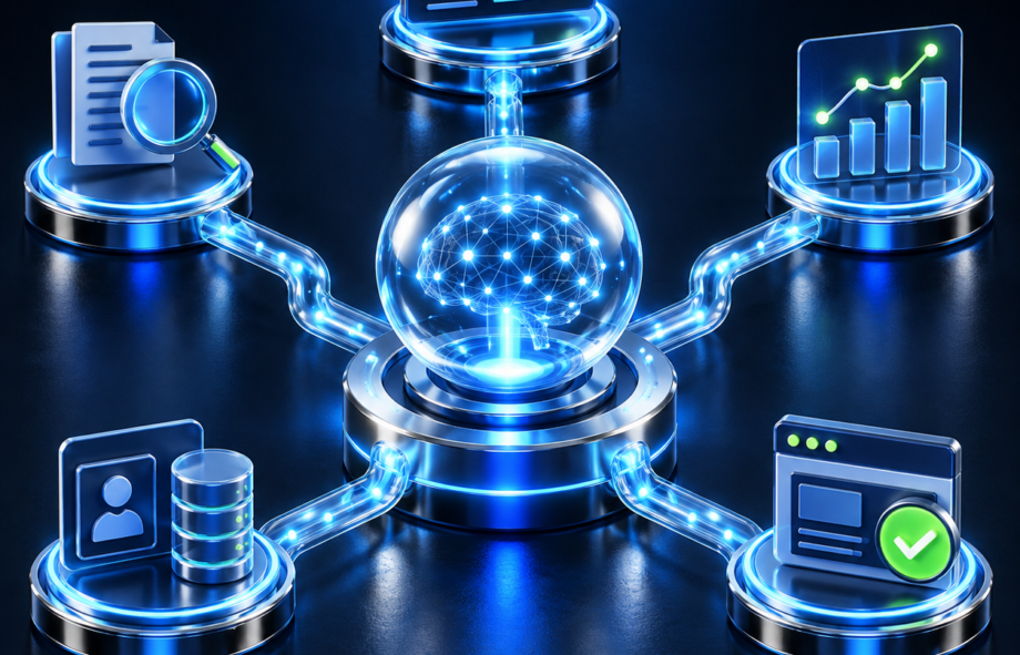 3D AI core connecting research, campaign planning, analytics, CRM and website quality assurance workflows