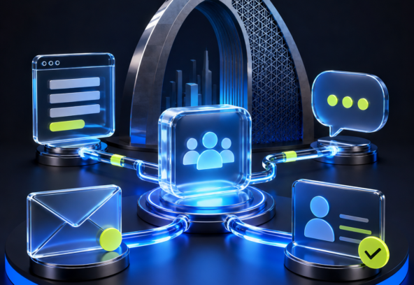 3D marketing automation hub connecting a Dubai lead form, CRM contact, email and business messaging