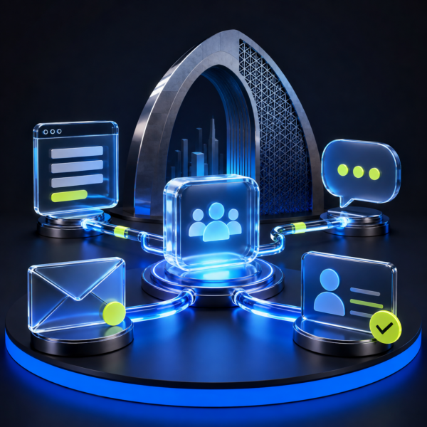 3D marketing automation hub connecting a Dubai lead form, CRM contact, email and business messaging