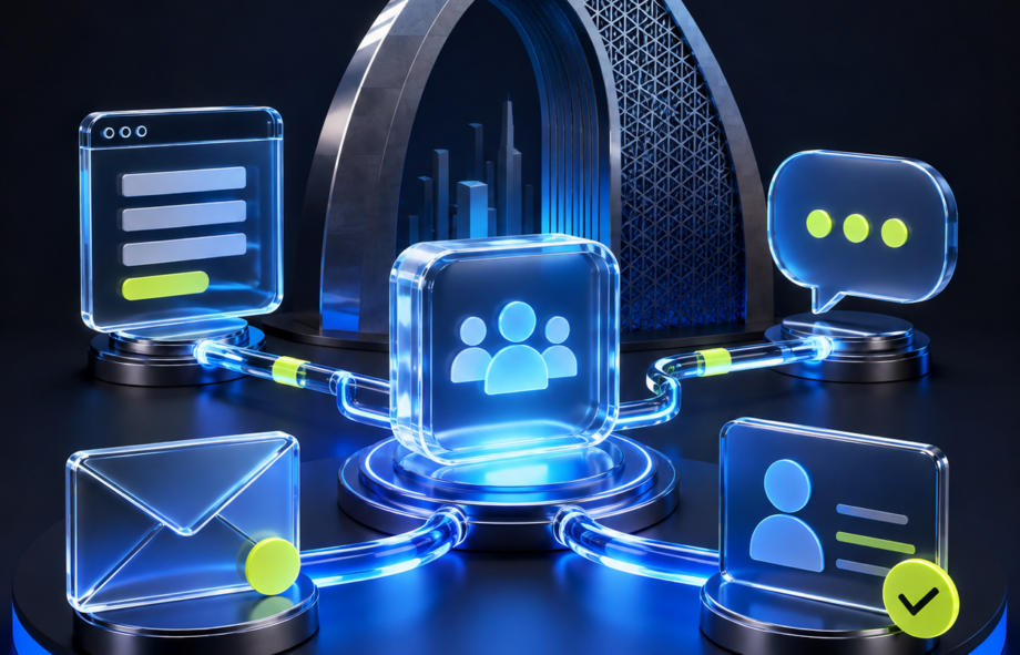 3D marketing automation hub connecting a Dubai lead form, CRM contact, email and business messaging