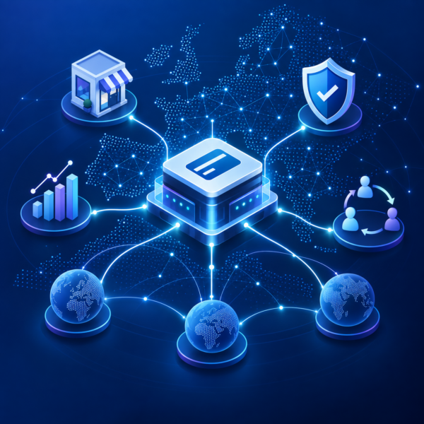 Abstract payment service provider marketing strategy illustration with connected payment cards, analytics and European network symbols